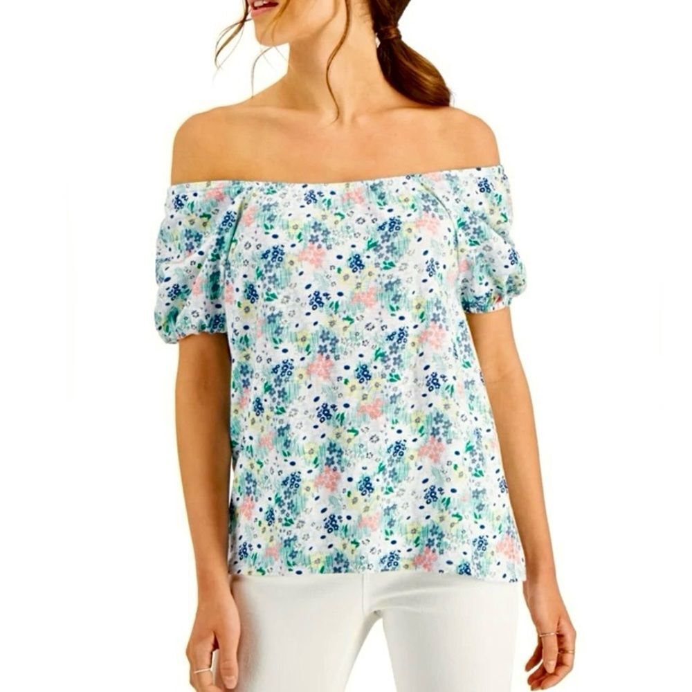 Women's S NWT 100% Cotton Floral Off-Shoulder Short Sleeve Top New Petite